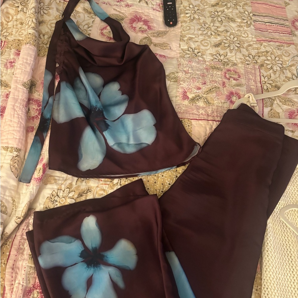 Zara Brown Halter set with Blue Floral Accents
